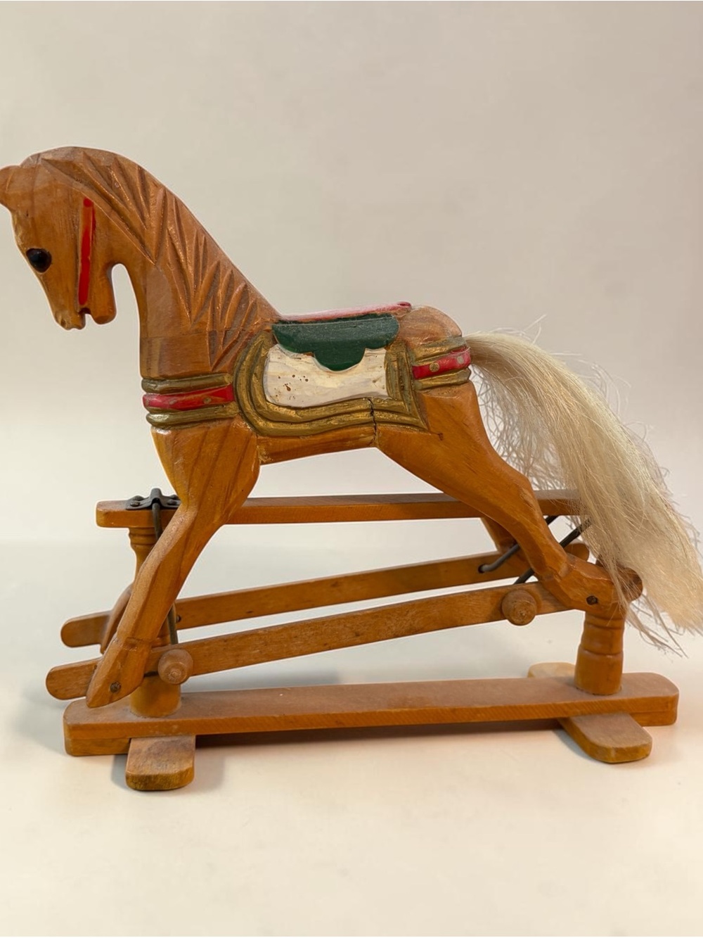 Small Antique Wooden Rocking Horse in Brown with Blonde Tail